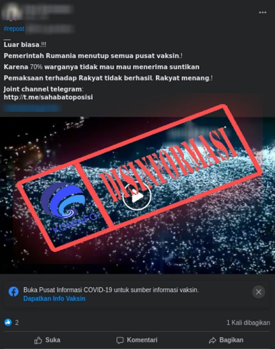 [DISINFORMASI] Pemerintah Rumania Tutup Semua Pusat Vaksin Imbas Penolakan 70 Persen Warga