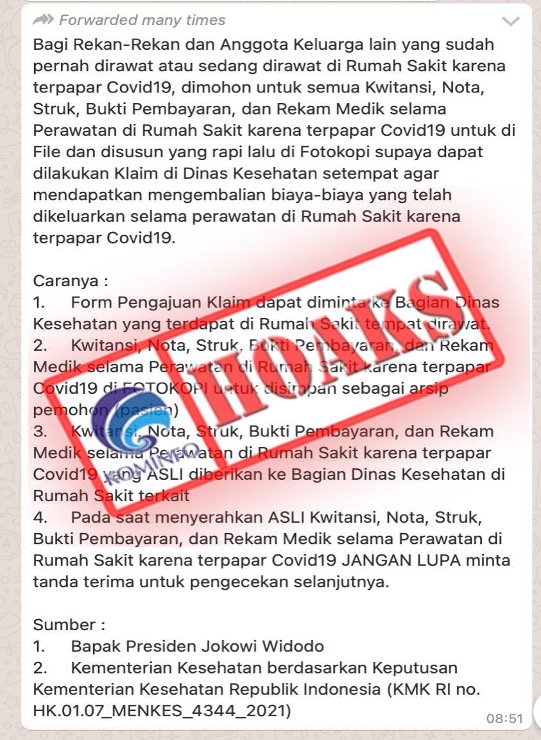 [HOAKS] Pasien Covid-19 di RS Bisa Ajukan Klaim Sendiri Melalui Dinas Kesehatan