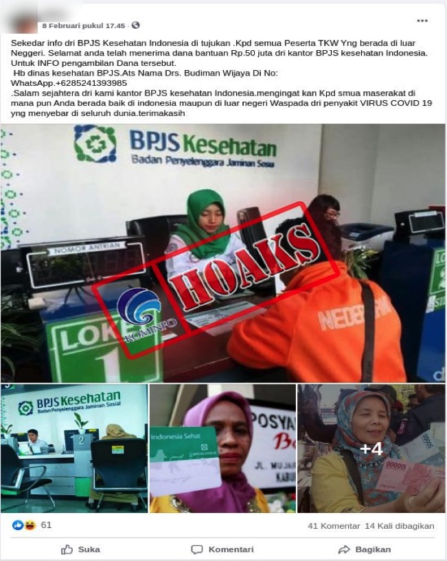 [HOAKS] Akun Facebook Palsu Mengatasnamakan BPJS Kesehatan