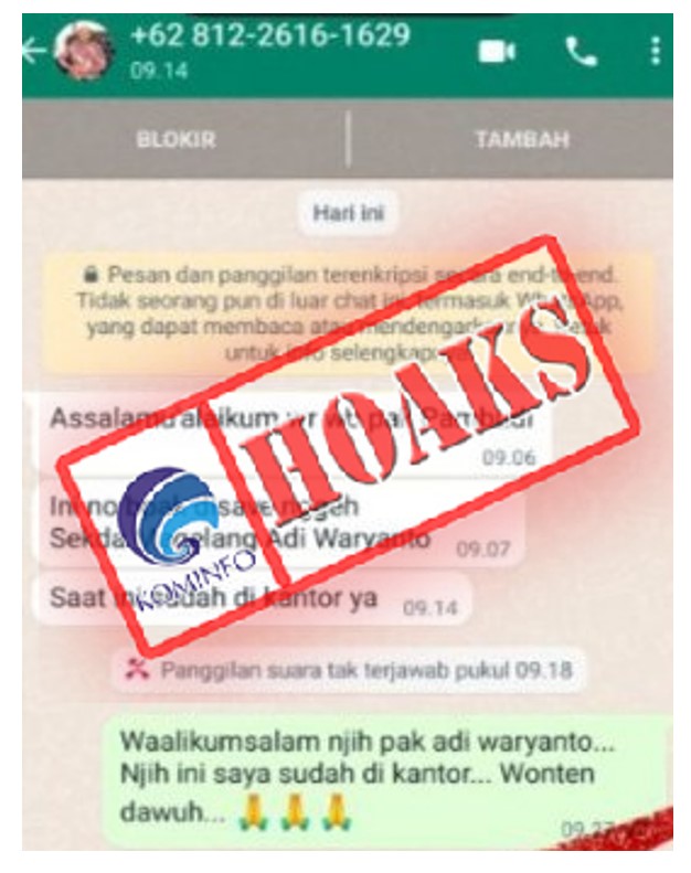 [HOAKS] Akun WhatsApp Mengatasnamakan Sekretaris Daerah Kabupaten Magelang