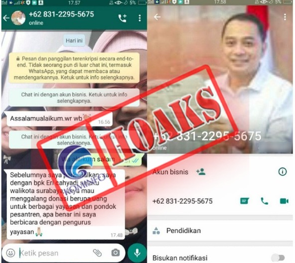 [HOAKS] Pesan WhatsApp Mengatasnamakan Wali Kota Surabaya Eri Cahyadi
