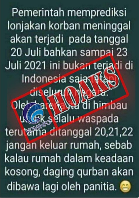 [HOAKS] Pemerintah Prediksi Lonjakan Korban Meninggal akan Terjadi pada Tanggal 20 sampai dengan 22 Juli 2021