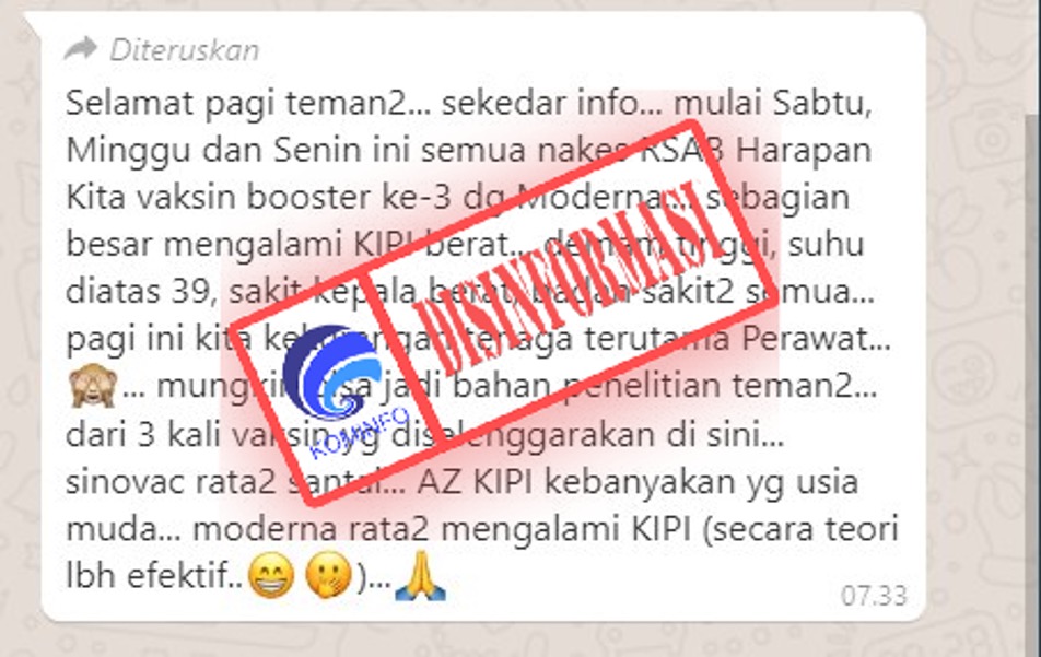[DISINFORMASI] Tenaga Kesehatan RSAB Harapan Kita Alami KIPI Berat Pasca Vaksin Booster Moderna