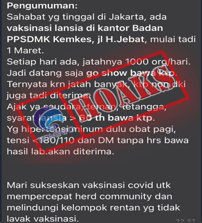 [HOAKS] Pesan Berantai Vaksinasi Lansia di Kantor BPPSDMK Jakarta