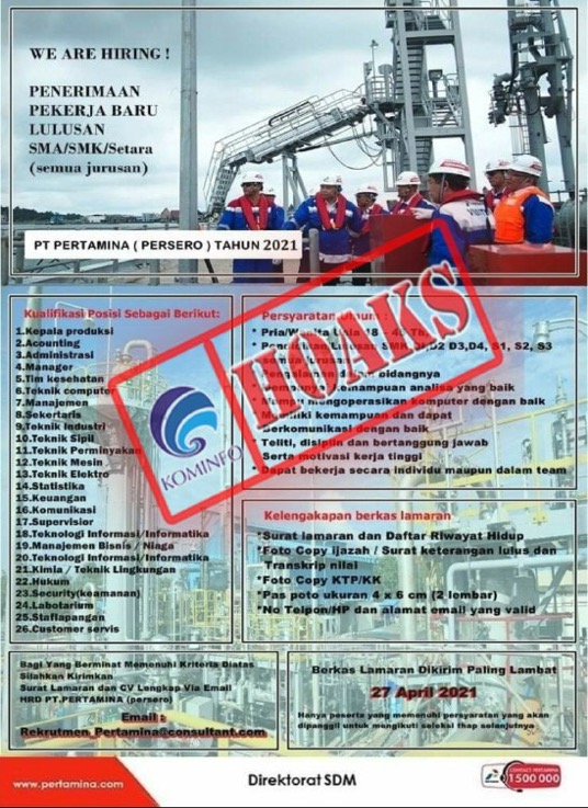 [HOAKS] Lowongan Kerja PT Pertamina untuk Lulusan SMA/SMK
