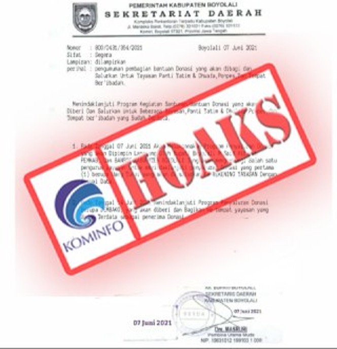 [HOAKS] Surat Pengumuman Pembagian Donasi Mengatasnamakan Pemerintah Kabupaten Boyolali