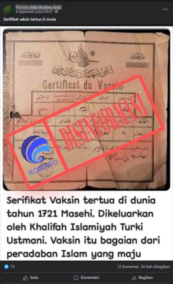 [DISINFORMASI] Sertifikat Vaksin Tertua Dunia Era Turki Utsmani Tahun 1721 M