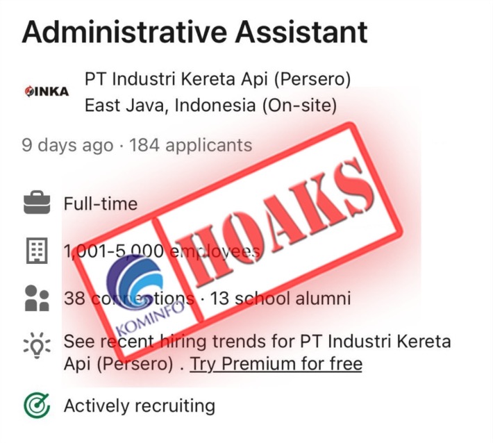 [HOAKS] Informasi Rekrutmen Mengatasnamakan PT INKA (Persero)