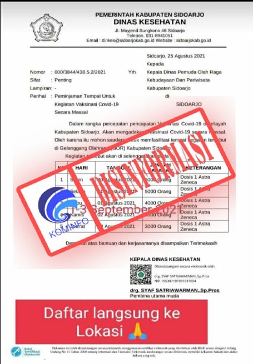 [DISINFORMASI] Pendaftaran Vaksin di GOR Sidoarjo