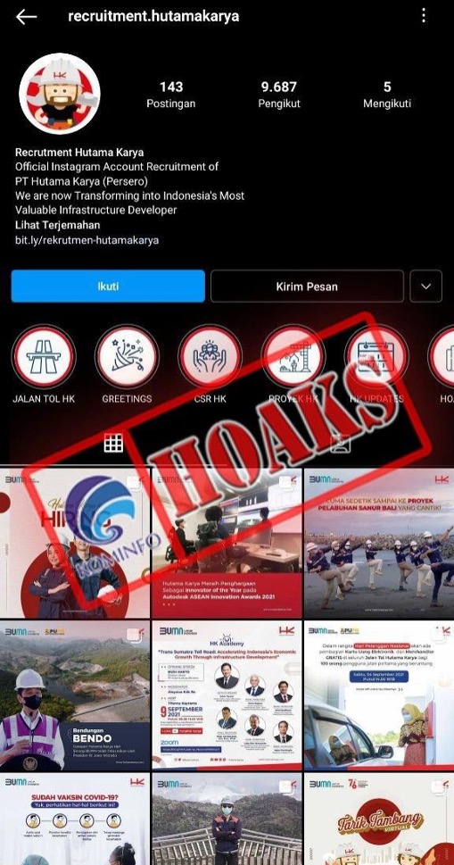 [HOAKS] Akun Instagram Mengatasnamakan PT Hutama Karya (Persero)