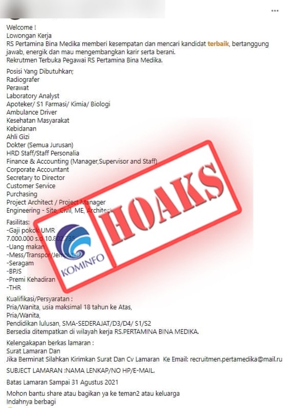 [HOAKS] Lowongan Kerja RS Pertamina Bina Medika
