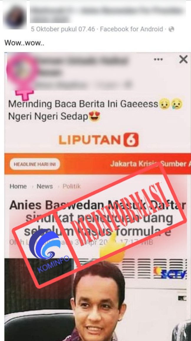 [DISINFORMASI] Artikel Liputan6.com Berjudul "Anies Baswedan Masuk Daftar Sindikat Pencucian Uang Sebelum Kasus Formula E"