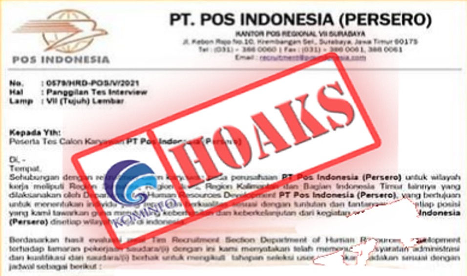 [HOAKS] Surat Panggilan Interview PT Pos Indonesia (Persero) 22 Mei 2021