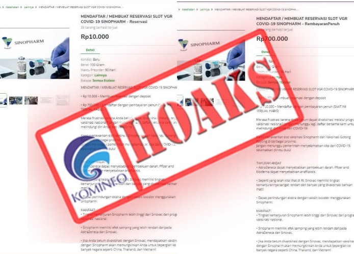 [HOAKS] Pemesanan Online Vaksin Covid-19 Sinopharm Melalui E-Commerce