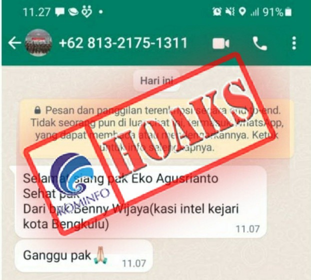 [HOAKS] Akun WhatsApp Mengatasnamakan Kasi Intel Kejari Kota Bengkulu