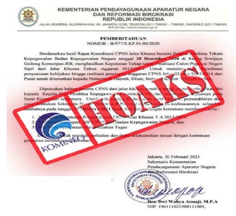 [HOAKS] Surat Pengangkatan CPNS Mengatasnamakan Kementerian PANRB