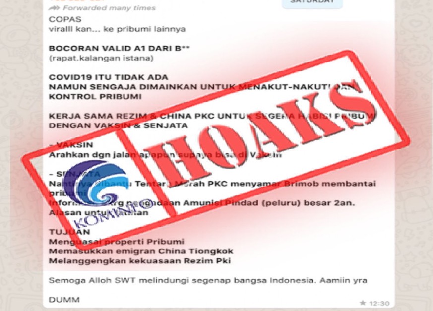 [HOAKS] Bocoran Rapat Istana Covid-19 Sengaja Dimainkan untuk Mengontrol dan Menakuti Pribumi