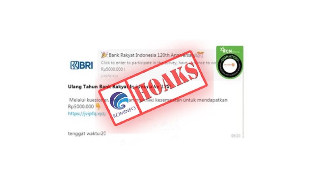 [HOAKS] BRI Membagikan Uang Sebesar Rp5 juta dalam rangka Ulang Tahun ke-120
