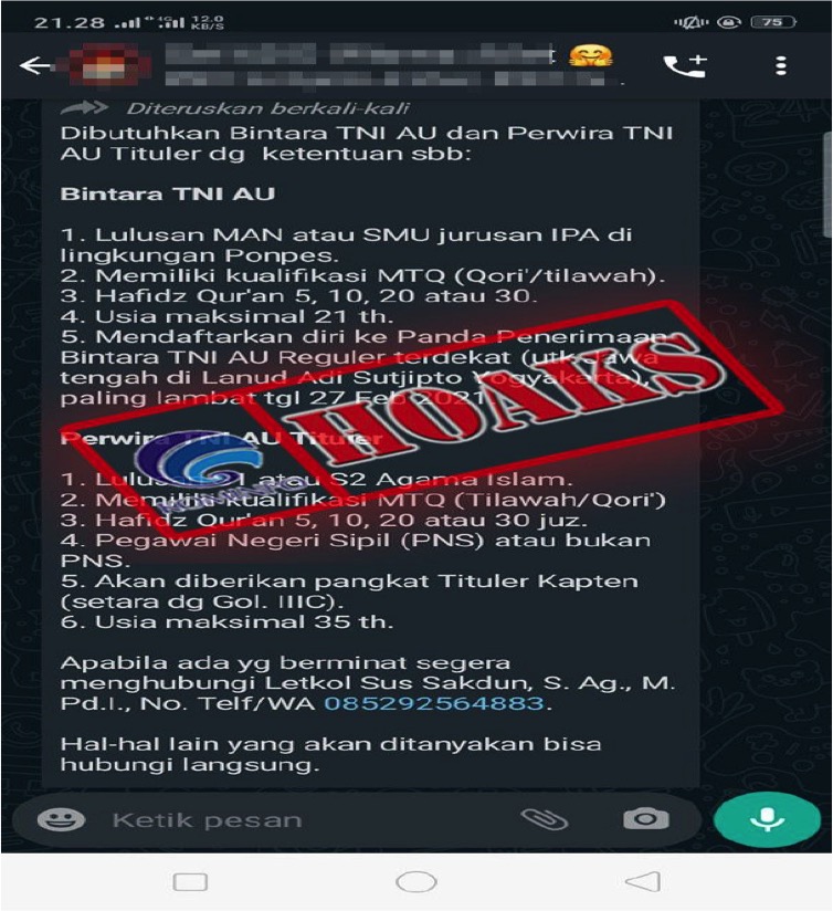 [HOAKS] Rekrutmen Prajurit TNI AU Tituler Tahun 2021