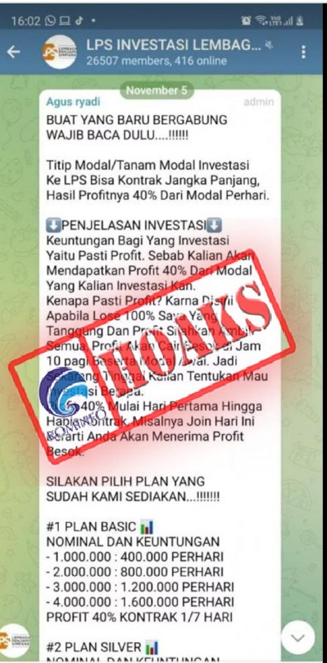 [HOAKS] Akun Telegram Mengatasnamakan LPS Menawarkan Investasi
