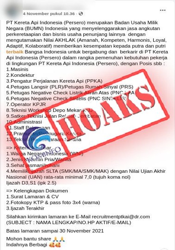 [HOAKS] Rekrutmen PT KAI pada November 2021