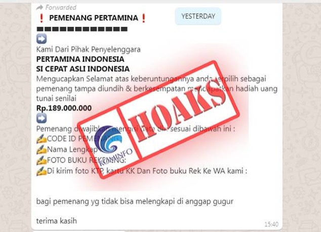 [HOAKS] Pertamina Bagikan Uang Tunai Rp189 Juta untuk Satu Pemenang Tanpa Diundi