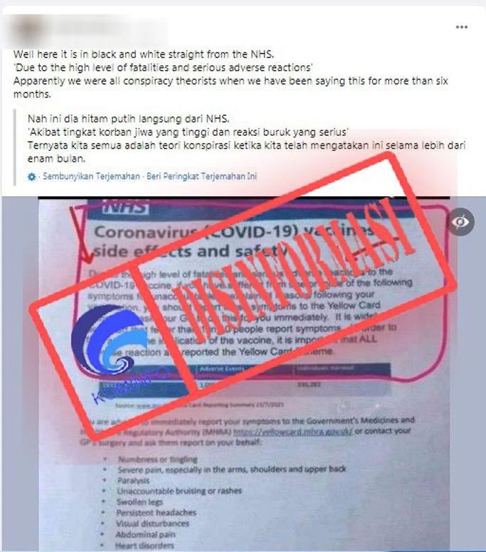 [DISINFORMASI] Dokumen NHS tentang Tingkat Tinggi Kematian dan Reaksi Buruk akibat Vaksin Covid-19