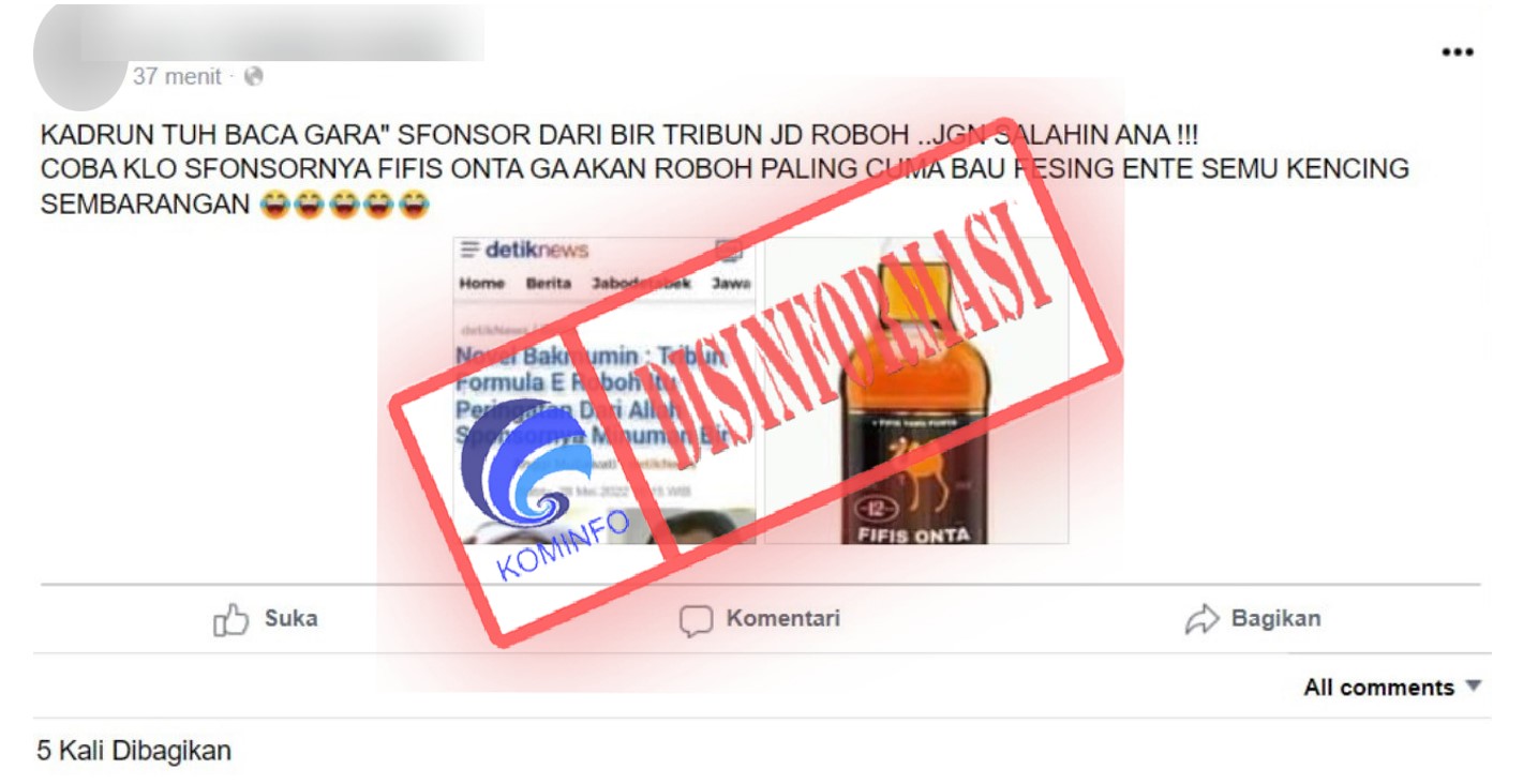 [DISINFORMASI] Artikel Detiknews "Tribun Formula E Roboh Peringatan dari Allah, Sponsornya Minuman Bir”