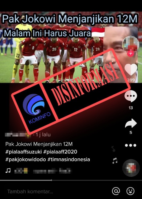 [DISINFORMASI] Video Presiden Jokowi Menjanjikan Bonus Rp12 M untuk Pemain Piala AFF 2020