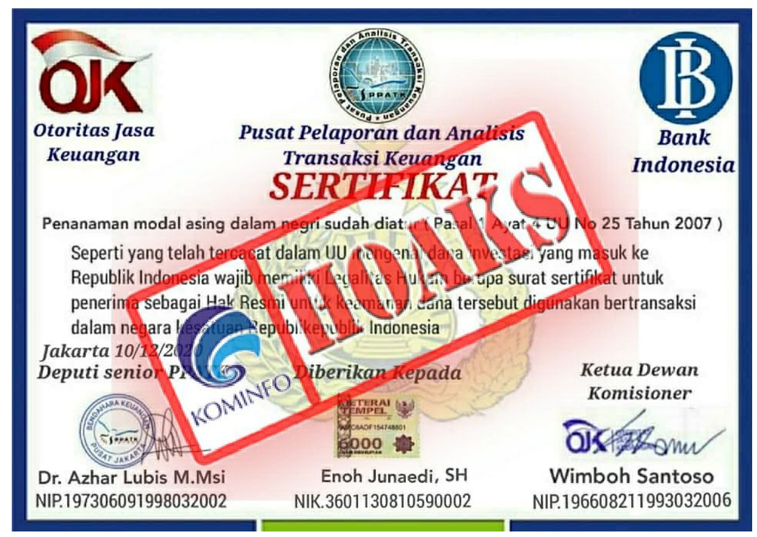 [HOAKS] PPATK Keluarkan Sertifikat untuk Keamanan Dana Investasi
