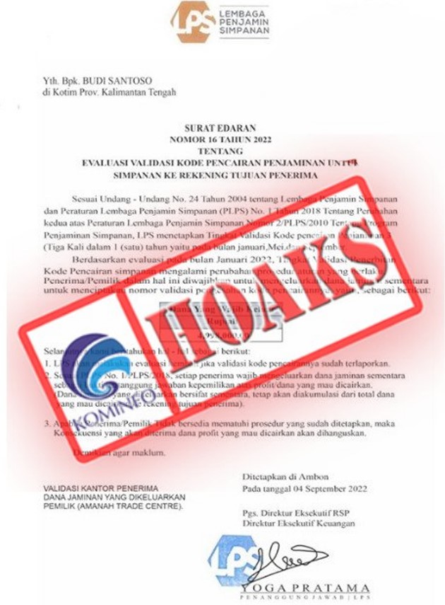 [HOAKS] Surat Edaran Nomor 16 Tahun 2022 Mengatasnamakan Lembaga Penjamin Simpanan (LPS)