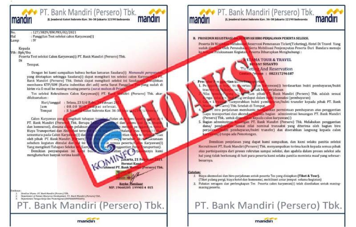 [HOAKS] Rekrutmen Pegawai Bank Mandiri Februari 2021