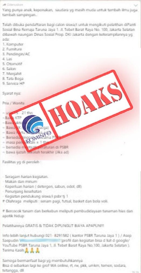 [HOAKS] Pendaftaran Pelatihan Bagi Calon Siswa di Panti Sosial Bina Remaja
