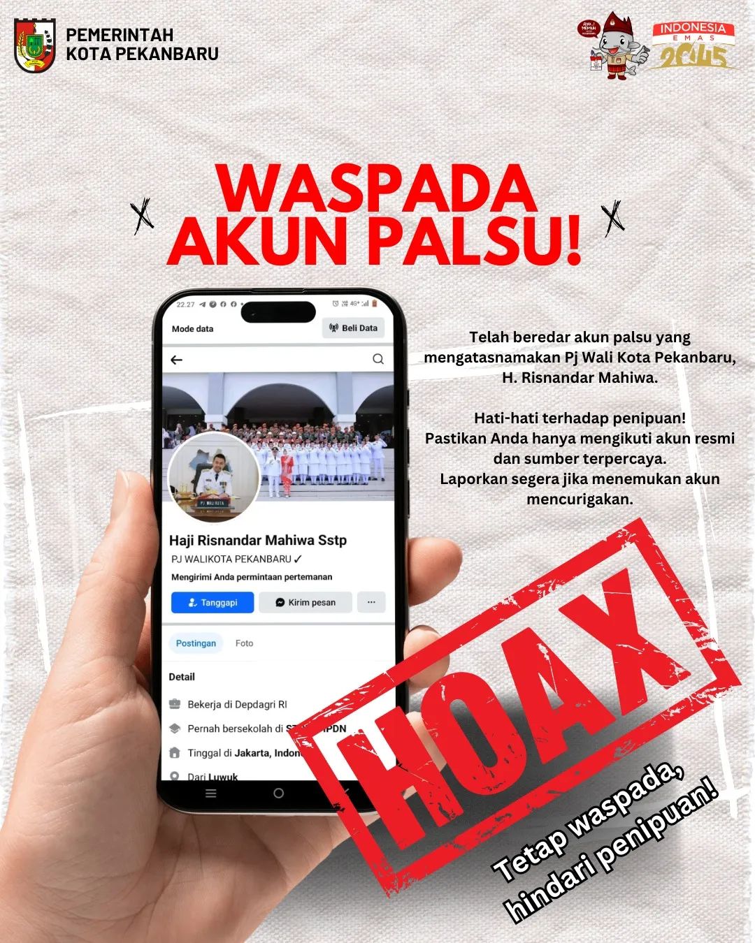 [HOAKS] Akun Facebook Mengatasnamakan Pj Wali Kota Pekanbaru Risnandar Mahiwa
