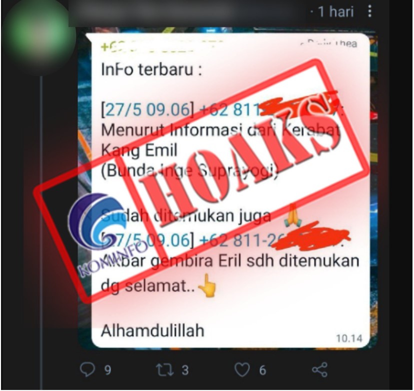[HOAKS] Putra Ridwan Kamil Ditemukan dalam Keadaan Selamat pada 27 Mei 2022