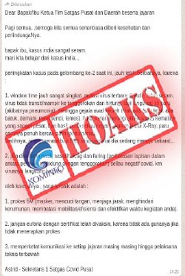 [HOAKS] Pesan Berantai Mengatasnamakan Astrid - Sekretaris 1 Satgas Covid Pusat