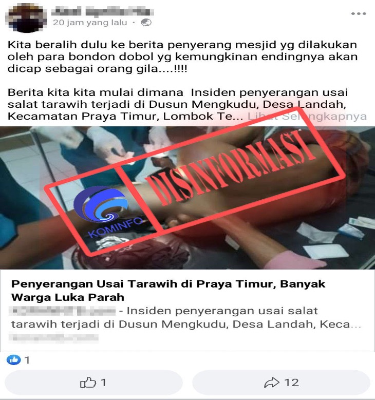 [DISINFORMASI] Terjadi Penyerangan Masjid usai Salat Tarawih di Lombok Tengah