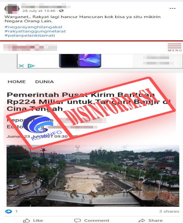 [DISINFORMASI] Pemerintah Indonesia Kirim Bantuan Rp 224 Miliar untuk Cina