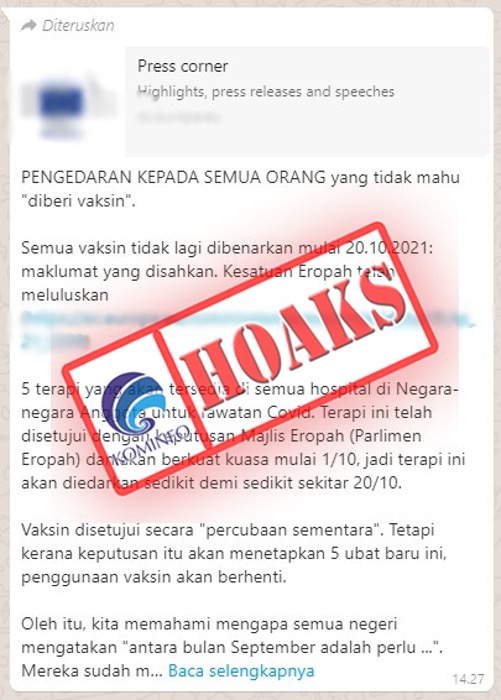 [HOAKS] Uni Eropa Hentikan Vaksin Covid-19 Mulai 20 Oktober 2021