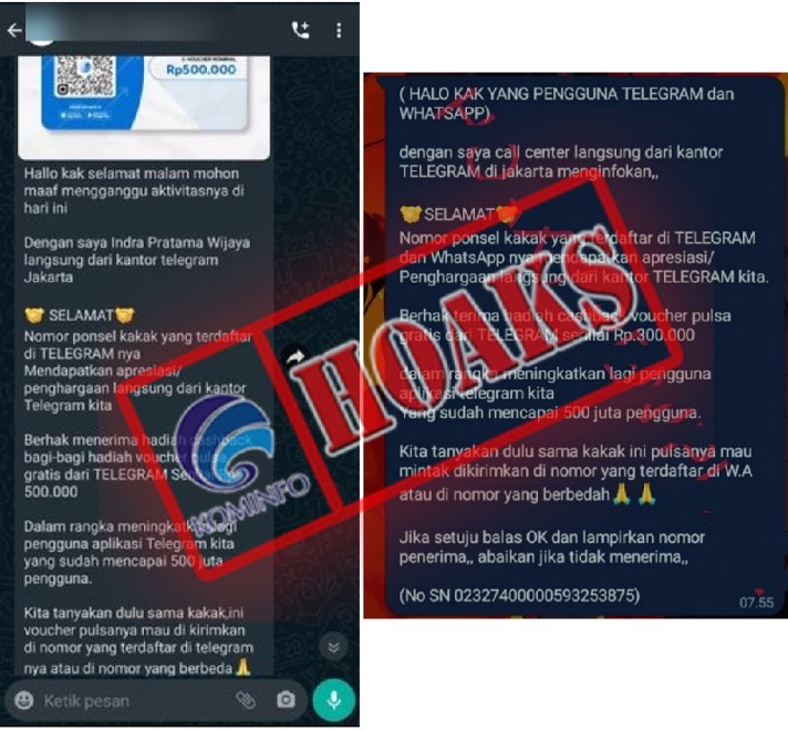 [HOAKS] Hadiah Pulsa 300-500 Ribu Rupiah dari Kantor Telegram