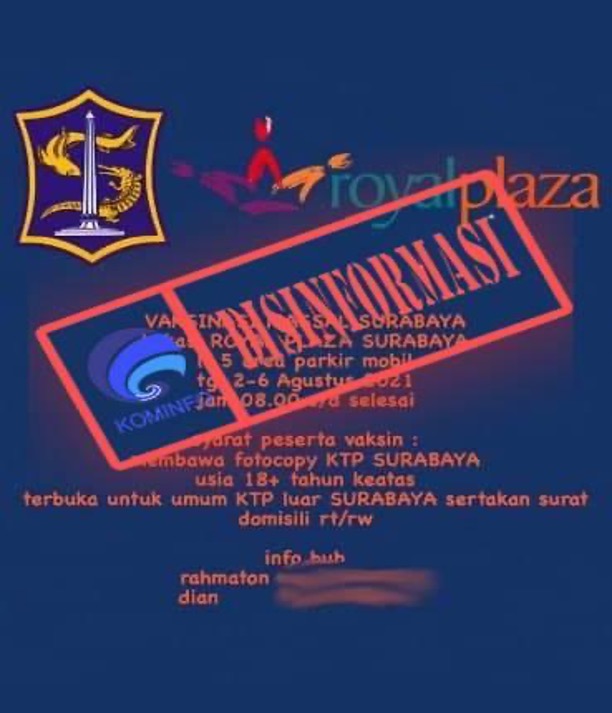 [DISINFORMASI] Informasi Vaksinasi Covid-19 Massal di Royal Plaza Surabaya