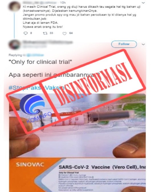 [DISINFORMASI] Foto Kemasan Vaksin Sinovac “Only for clinical trial”
