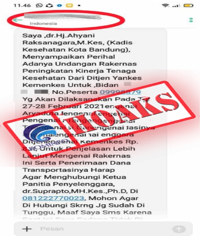 [HOAKS] Undangan Rakernas Kadis Kesehatan Kota Bandung 27-28 Februari 2021