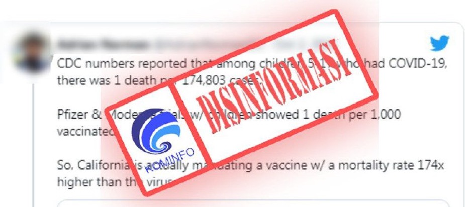 [DISINFORMASI] Vaksin Covid-19 Memiliki Tingkat Kematian 174 Kali Lebih Tinggi pada Anak-anak daripada Virus Covid-19