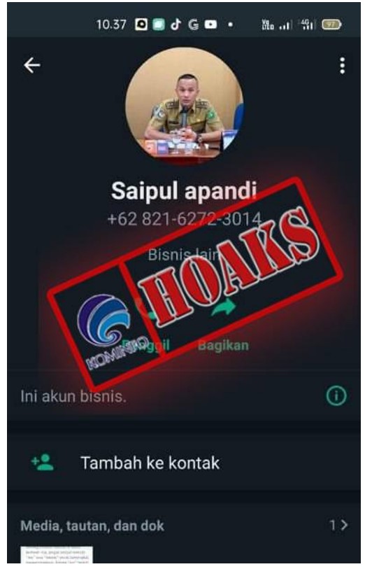 [HOAKS] Akun WhatsApp Mengatasnamakan Asisten II Sekretariat Daerah Kota Bengkulu