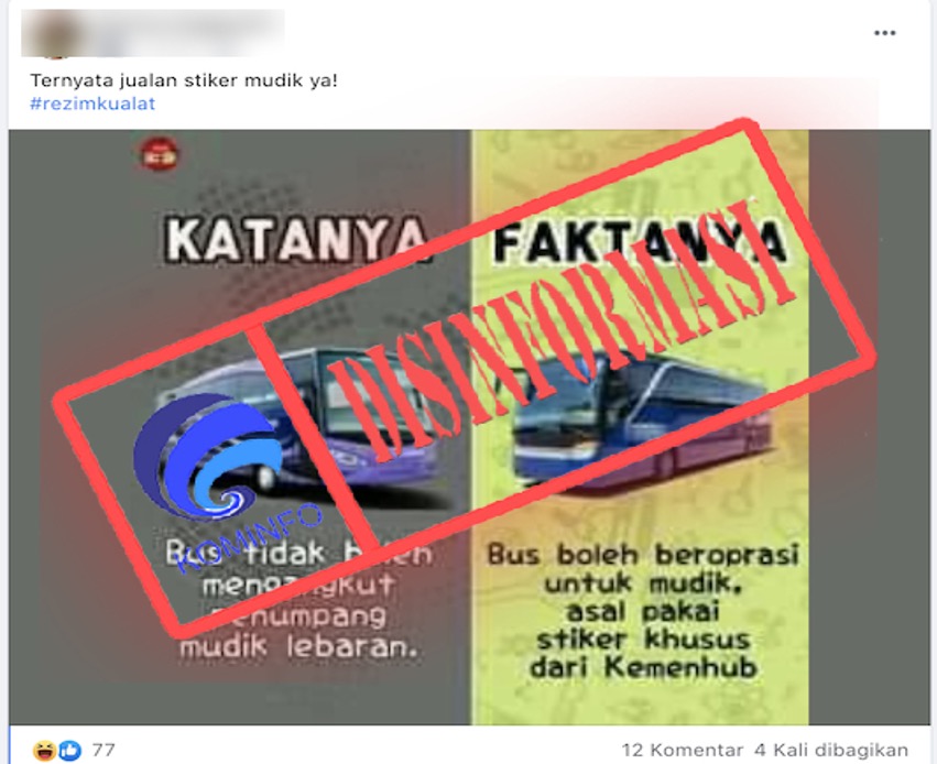 [DISINFORMASI] Kemenhub jadikan Larangan Mudik Ladang Bisnis dengan Jualan Stiker Khusus Bus