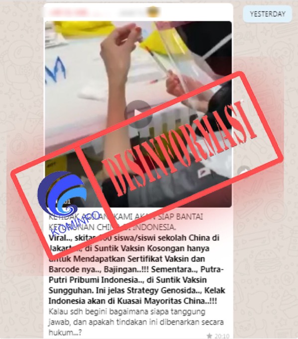 [DISINFORMASI] Video Vaksinasi dengan Suntik Kosong di Sekolah Tiongkok Jakarta