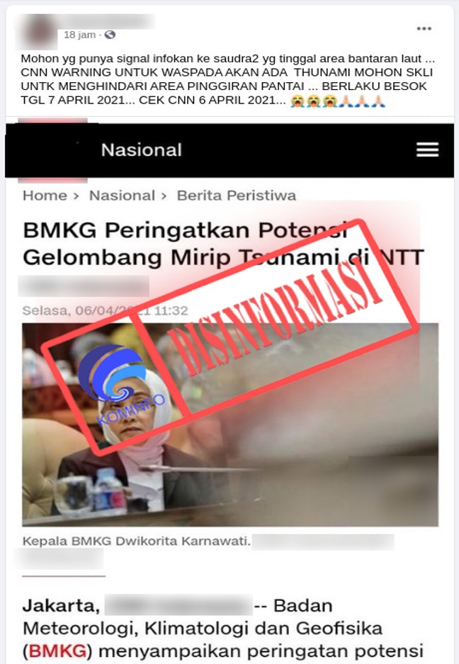 [DISINFORMASI] BMKG Peringatkan Tsunami di NTT pada 7 April 2021