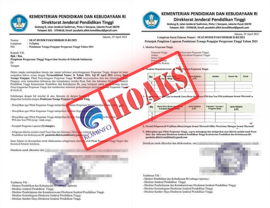 [HOAKS] Surat Pendataan Tenaga Pengajar Perguruan Tinggi Tahun 2021 Mengatasnamakan Direktorat Jenderal Pendidikan Tinggi