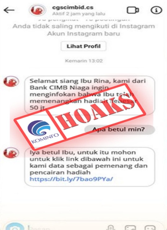 [HOAKS] Pemenang Hadiah Rp 50 Juta Mengatasnamakan Bank CIMB Niaga